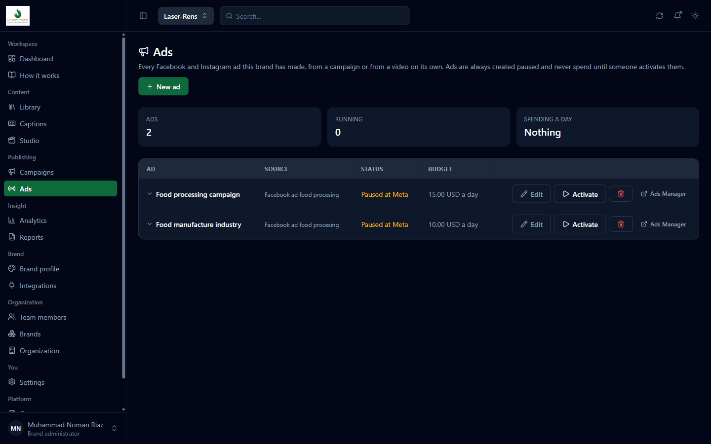Meta Facebook and Instagram ads workspace