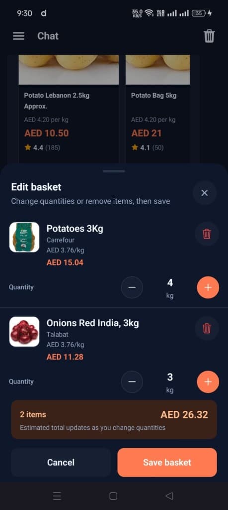 Edit basket modal with quantities and totals
