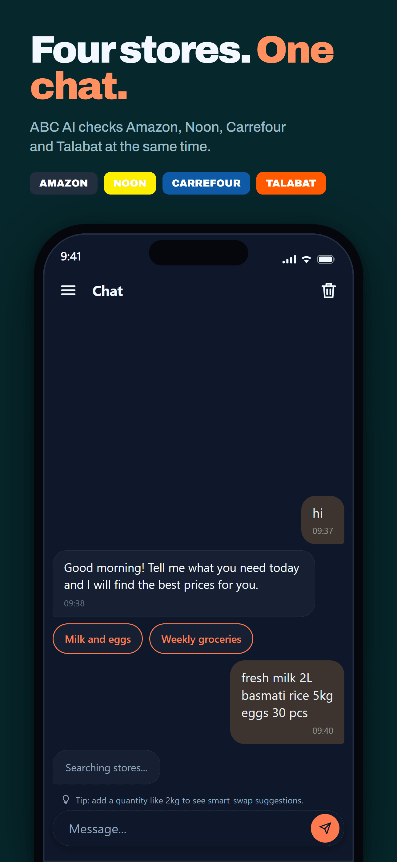 ABC AI chat comparing Amazon, Noon, Carrefour, and Talabat