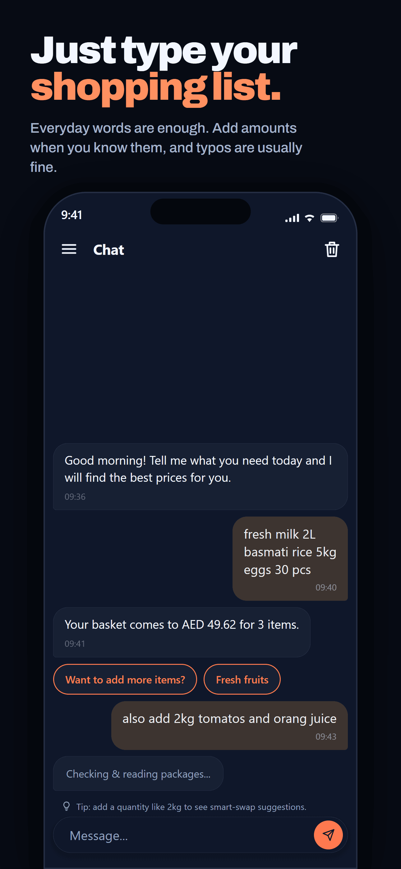Shopper typing a grocery list in plain language