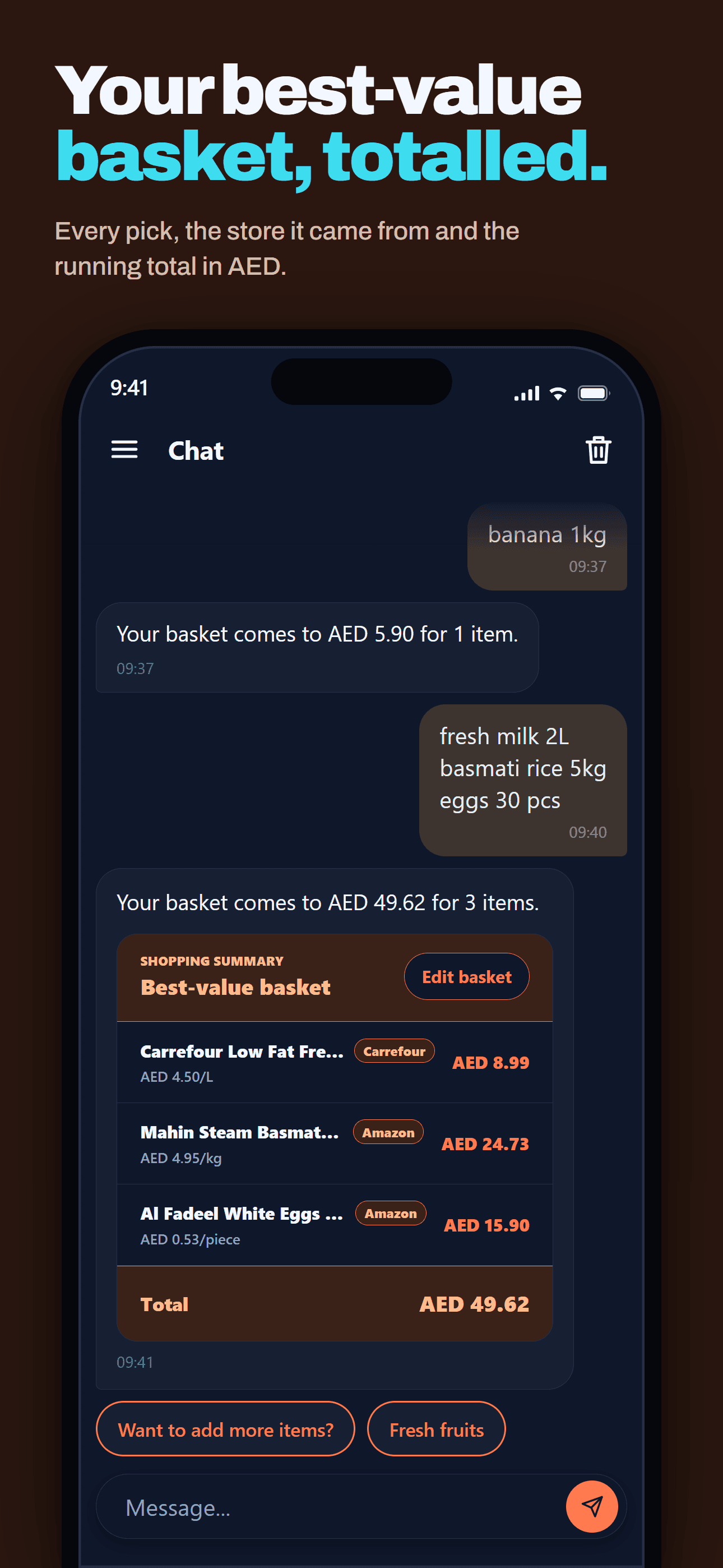 Best-value basket summary with the cheapest store per item
