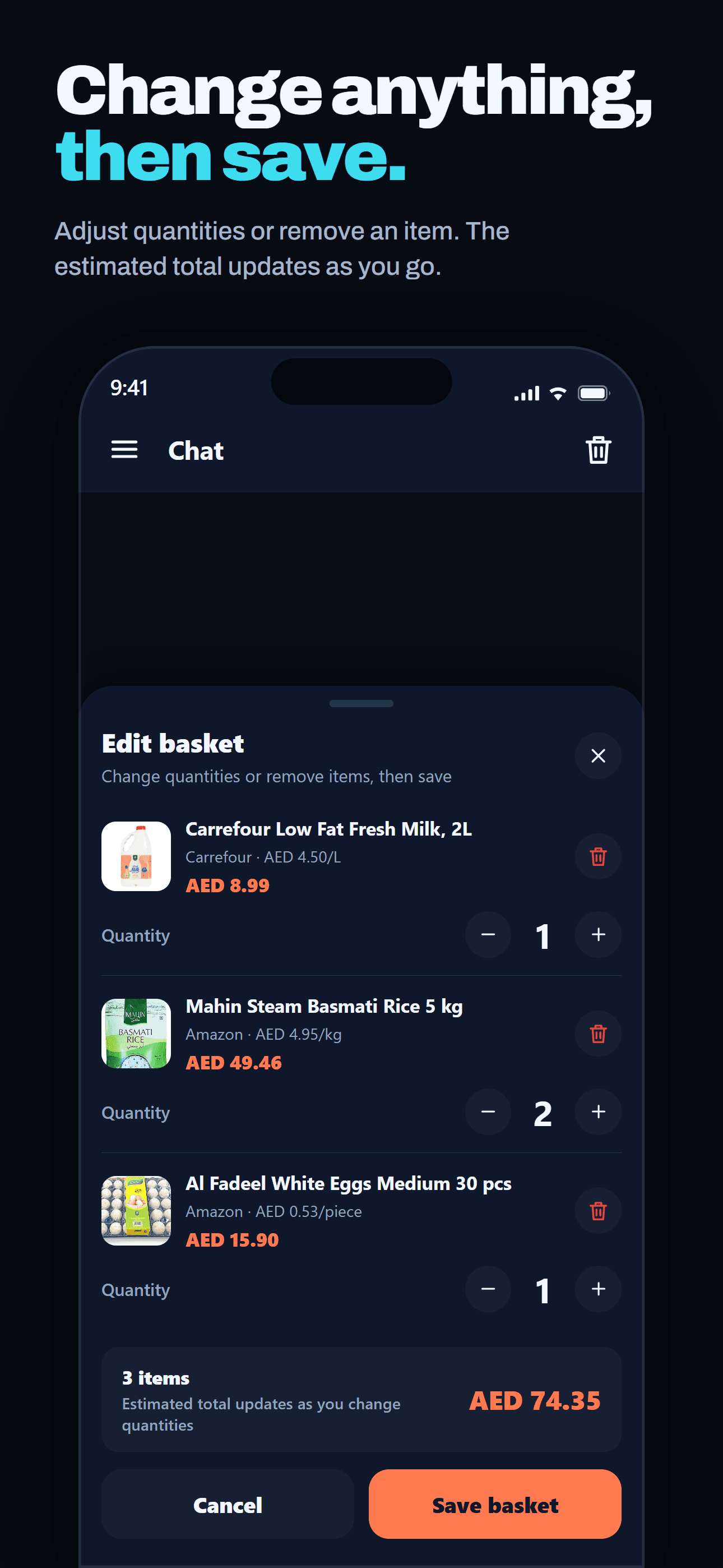 Edit basket quantities and totals