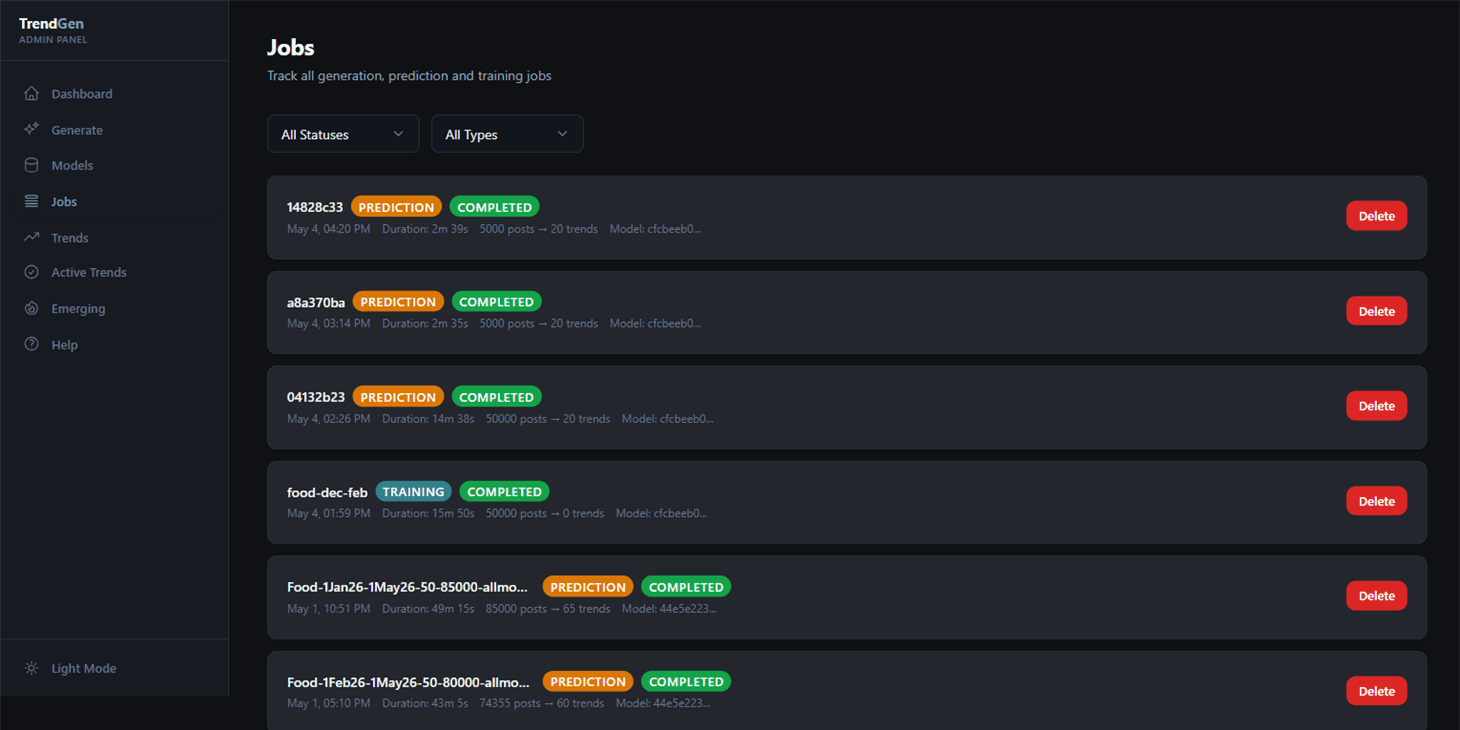 Async job registry with per-job status and progress