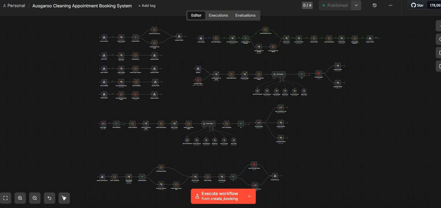 n8n workflow orchestrating VAPI voice, Twilio SMS, and email booking agents