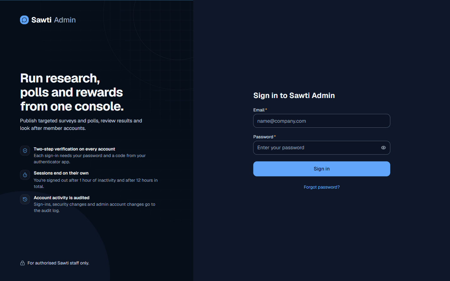 Admin sign-in with MFA and session limits